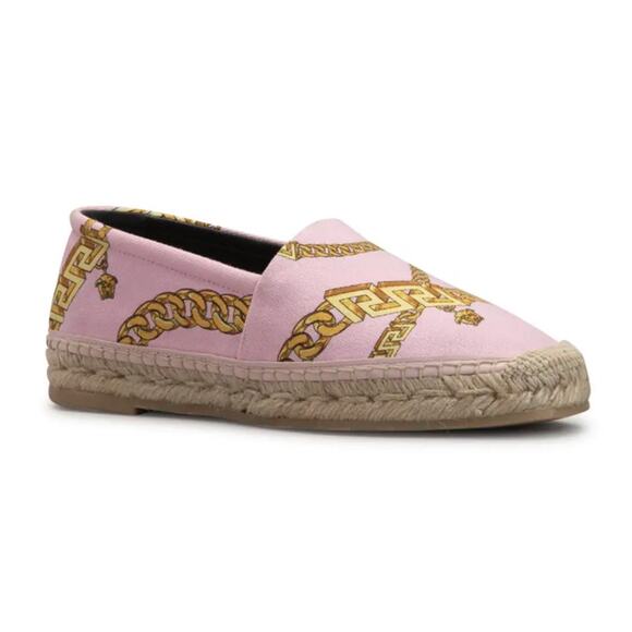 Versace Shoes - New Versace Pink & Gold Chain Graphic-Print Canvas Slip-On Espadrilles